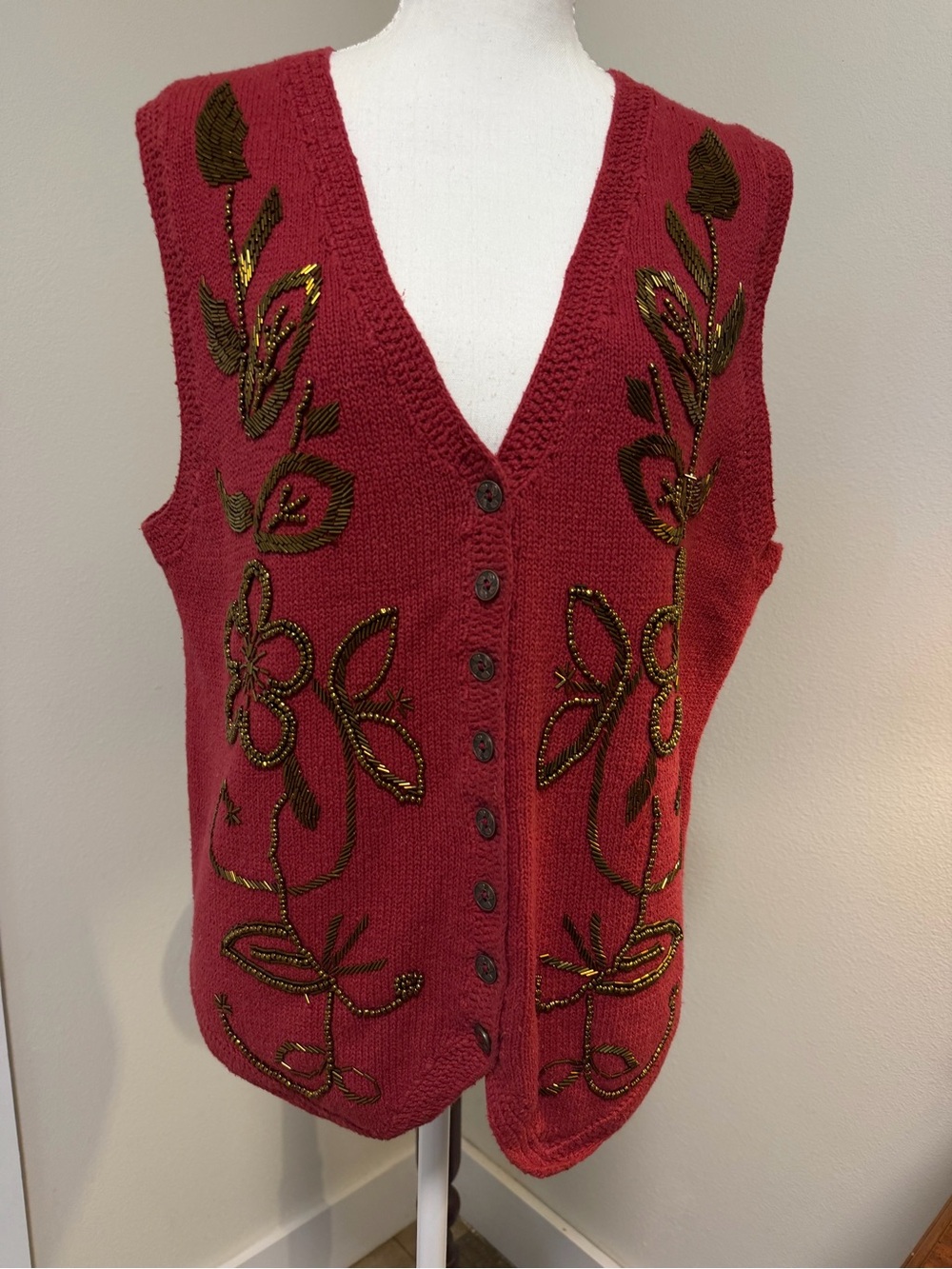 Vintage Red V-Neck Embellished Button-Front Sweater Vest Fall Gold Thanksgiving